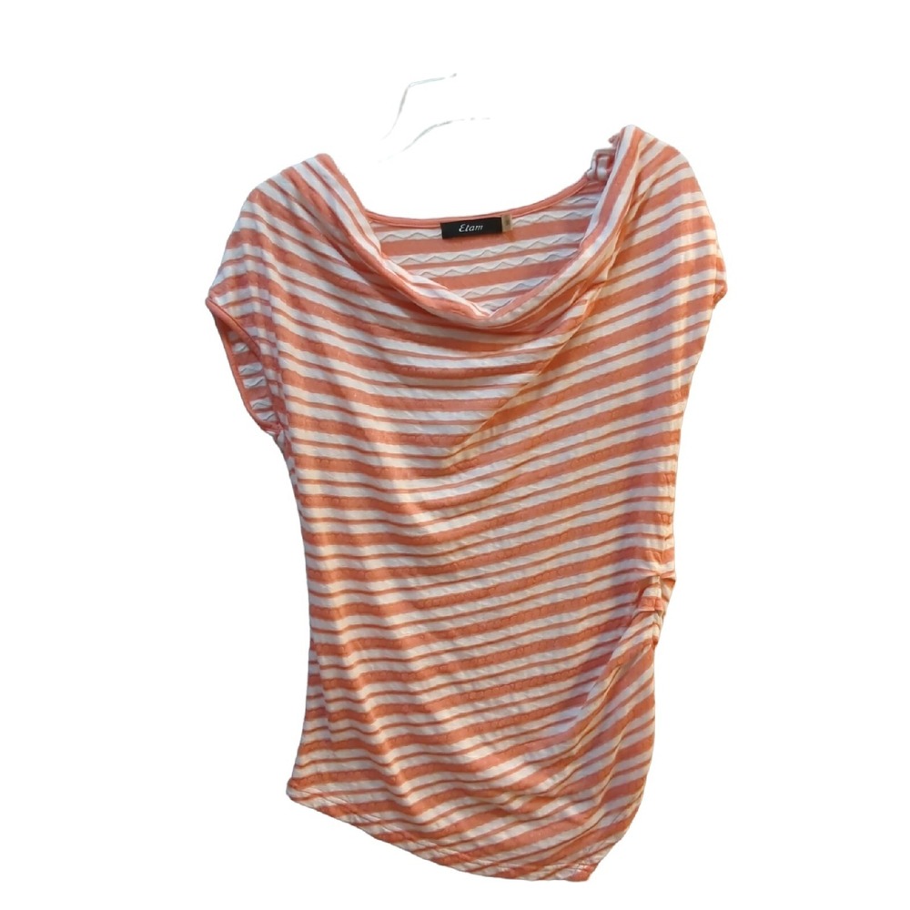 Etam ruched side asymmetrical hem shirt top blouse coral white striped stretch S